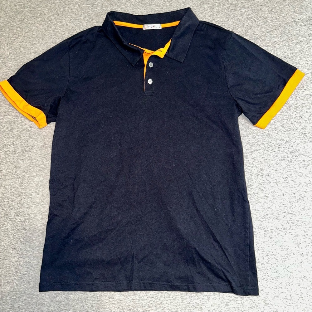 H2H Men’s Slim Fit Polo Shirt Black Orange Trim Short Sleeve Cotton Blend Size L